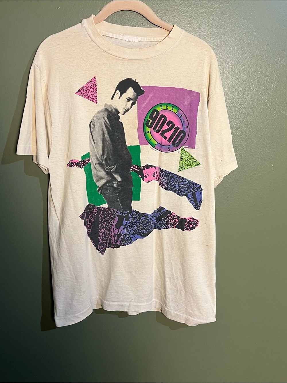 90210 Graphic Tee - Cream with Purple & Green Print